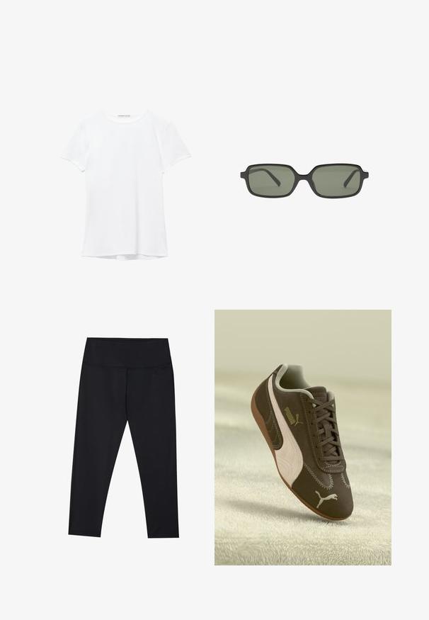Fehér, rövid ujjú póló sima anyagból, kerek nyakkivágással és diszkrét varrási részletekkel az alján.; Fekete leggings rugalmas anyagból, magas derékkal és lapos varrásokkal. Bokáig érő, sima, matt felszínnel.; Barna Puma sportcipő bézs csíkkal és logóval, fűzős, egy textúrált bézs felületen pihen.; Fekete, téglalap alakú napszemüveg sötétzöld lencsékkel, lapos kialakítással, minimalista oldalakkal és könnyű kerettel a kényelem érdekében.; Fekete bőrtáska fonott füllel, cipzáras zsebbel és lógó bojtokkal. Texturált felület fém szegecsekkel és hardver díszítésekkel.
