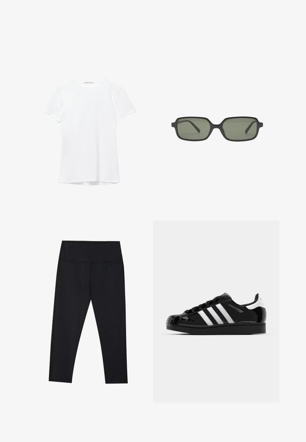 Bijela majica kratkih rukava izrađena od glatkog materijala, s okruglim izrezom i suptilnim detaljima šivanja na rubu.; Crne tajice izrađene od rastezljivog materijala, s visokim strukom i ravnim šavovima. Duljina do gležnjeva s glatkom, mat teksturom.; adidas Originals SUPERSTAR II - Tenisice - core black/footwear white/gold metallic; Crne pravokutne sunčane naočale s tamnozelenim lećama, s ravnim dizajnom, minimalističkim bočnim dijelovima i laganim okvirom za udobnost.; Crna kožna torba s pletenim ručkama, džepom na zatvarač i visećim resicama. Teksturirana površina s metalnim zakovicama i hardverskim naglascima.