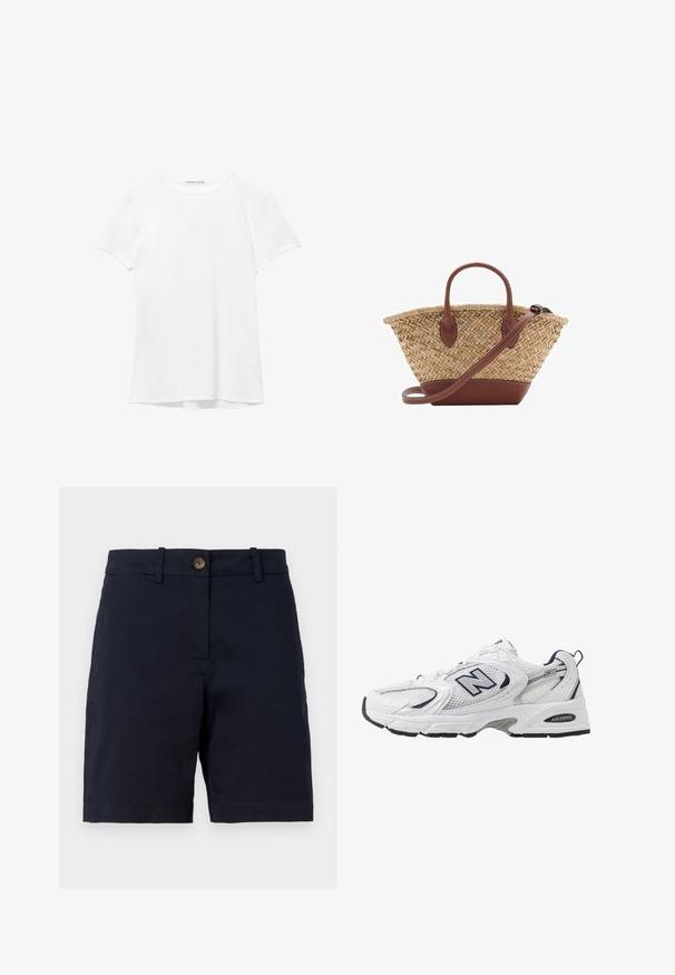 Bijela majica kratkih rukava izrađena od glatkog materijala, s okruglim izrezom i suptilnim detaljima šivanja na rubu.; Tamno plave kratke hlače od pamuka s kopčom na gumb, petljama za pojas i ravnim krojem. Glatka tekstura bez vidljivih uzoraka.; Bijela atletska cipela s mrežastim gornjim dijelom, mornarskim akcentima i podstavljenim potplatom. Sadrži "N" logo, vezice i teksturirani detalj sa strane.; Woven straw basket torba s smešnim kožnim detaljima, dva ručka i odvojivim remenom. Savijen oblik s čvrstim dnom.