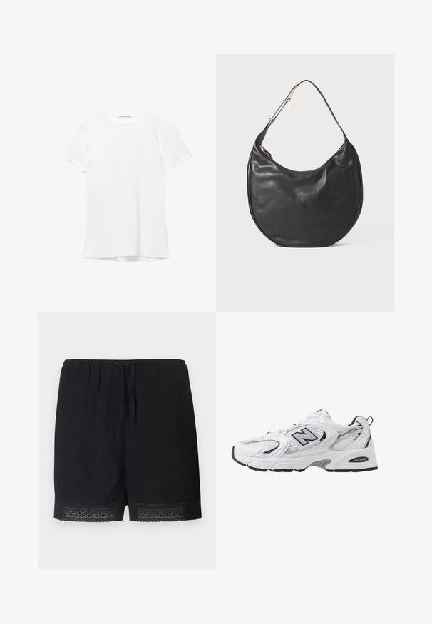 Vit kortärmad t-shirt i mjukt tyg, med rund halsringning och diskreta sömnadsdetaljer vid fållen.; Svarta shorts i texturerat tyg med elastisk midja och knytband, prydda med en fin spetsdetalj vid fållen.; Vit sportskor med överdel i mesh, marinblå accenter och dämpad sula. Har "N"-logotyp, snörning och texturerad detalj på sidan.; Svart läder hobo-väska med en slät yta, halvmåneform och ett justerbart rem. Har en guldfärgad dragkedja och en minimalistisk design.