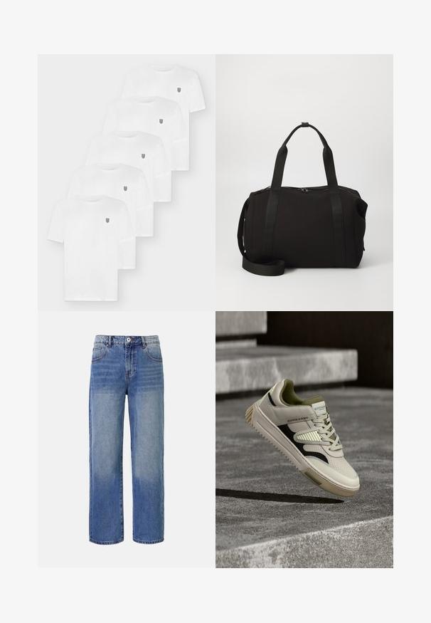 Fünf weiße Baumwoll-T-Shirts mit kurzen Ärmeln. Jedes hat ein kleines Emblem auf der linken Brustseite. Klassisches Rundhalsausschnitt-Design.; Helle blaue Denim-Jeans mit weitem Bein, einem Ausbleichungsmuster, fünf Taschen und einem Reißverschluss. Mit einem Knopf und Gürtelschlaufen an der Taille.; Cremfarbene Leder-Sneaker mit dunkelgrünen Akzenten, strukturierten Paneelen, schwarzem Seitenstreifen und robuster Gummisohle, erhöht über einer betonierten Fläche.; Schwarze Duffeltasche mit dicken Griffen und einem abnehmbaren Schultergurt. Hergestellt aus glattem Material, ausgestattet mit einem Reißverschluss und einem minimalistischen Design.; Set aus fünf silbernen Ringen in verschiedenen Designs: glatter Ring, gestapelte Ringe, gedrehter Ring und einer mit einem schwarzen Inlay. Gemischte Texturen und Oberflächen.