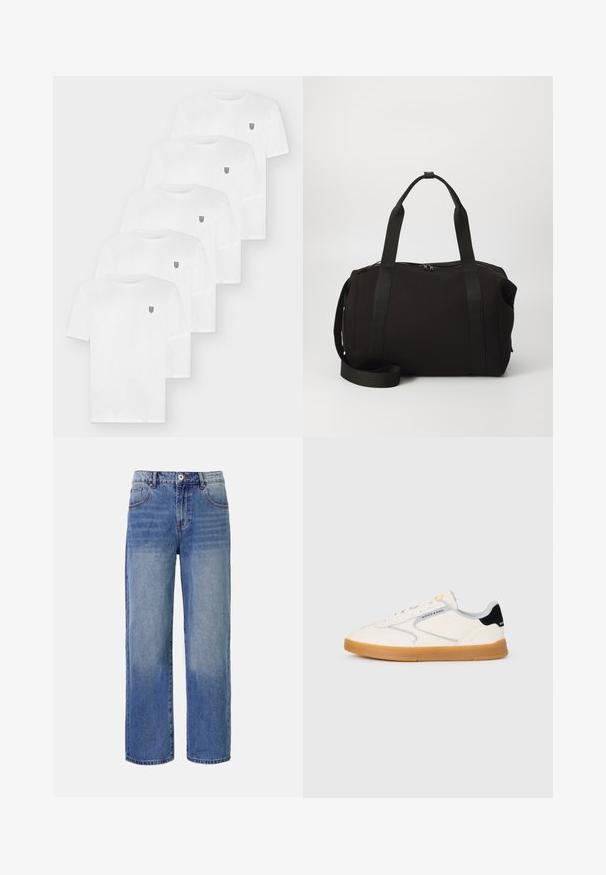 Cinque t-shirt di cotone bianco a maniche corte. Ognuna presenta un piccolo emblema sull'area sinistra del petto. Design classico con scollo rotondo.; Jeans a gamba larga in denim blu chiaro con un motivo di scoloritura, cinque tasche e chiusura con zip. Presentano un bottone e passanti per la cintura in vita.; Sneakers bianche con tomaia in pelle strutturata, dettagli grigi e un tallone nero. Suola in gomma color naturale con marchiatura discreta. Design a taglio basso.; Borsa da viaggio nera con manici spessi e una tracolla removibile. Realizzata in tessuto liscio, presenta una chiusura a zip e un design minimalista.