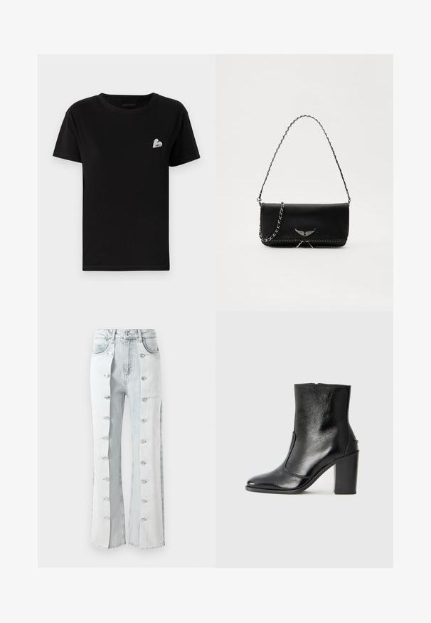 Tricou negru din bumbac, cu un guler clasic rotund, mâneci scurte și un mic logo alb în formă de inimă pe pieptul stâng.; Jeans din denim de un albastru deschis, cu accente de nasturi argintii, având un design cu picioare largi și panouri laterale. Materialul prezintă un finisaj texturat.; Botină din piele neagră, cu o textură netedă, vârf ascuțit și toc gros, înalt. Dispune de o deschidere laterală și un design minimalist.; Geantă de mână din piele neagră cu un lanț din argint, având accente decorative în formă de aripi și cusături albe de-a lungul cusăturii de jos.