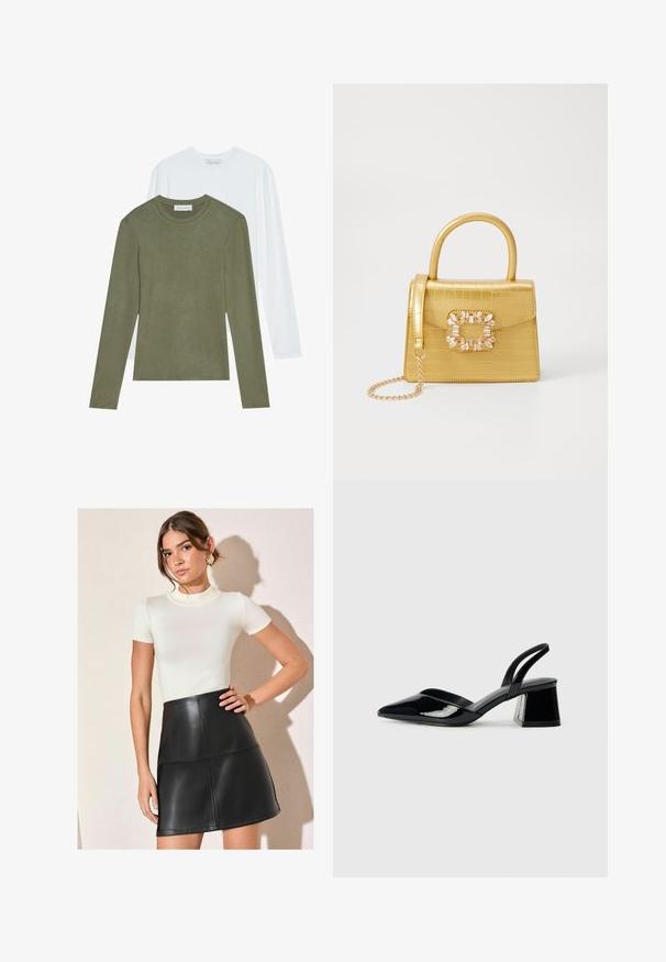 Twee lange mouwen shirts: een olijfgroen en de ander wit. Beide hebben een ronde halslijn en een zachte, gladde textuur.; Witte geribbelde top met korte mouwen gecombineerd met een zwarte neplederen mini-rok met paneel-details en een strakke silhouet.; Zwarte gepatineerde leren slingback hakken met een spitse neus en een geometrische blokhak. Kenmerkt zich door een slank, minimalistisch ontwerp en een gladde textuur.; Geel faux-krokodillenhandtas met een gestructureerd ontwerp, bovenhandvat, afneembare kettingriem en decoratieve kristallen versiering op de sluiting.
