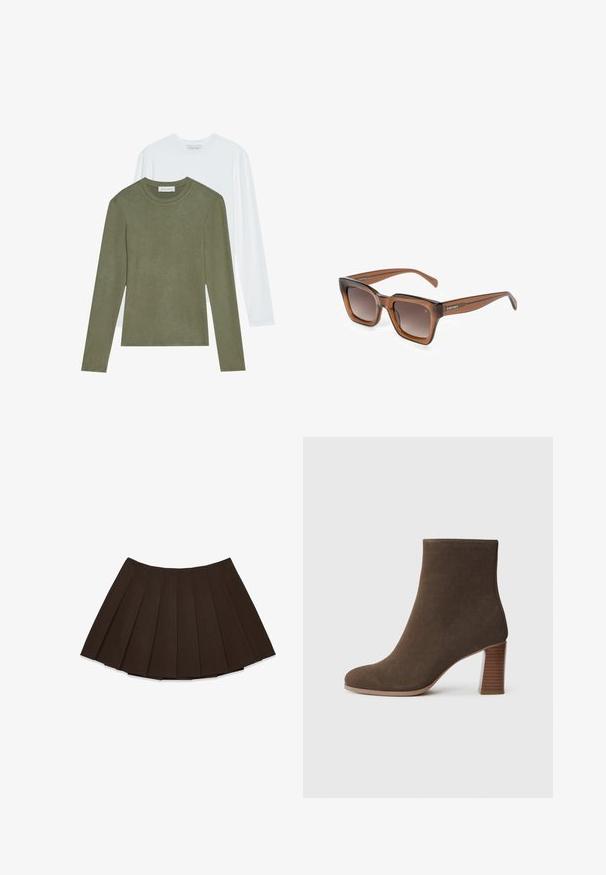 Kaks pikka varrukaga särki: üks oliiviroheline, teine valge. Mõlemal on ümmargune kaelus ja pehme, sile tekstuur.; Tumepruun plisseeritud mini-seelik, millel on ühtlaselt jaotatud vertikaalsed voldid, esitatud valge tausta ees.; Pruun suede pahkluu saabas ümmarguse varbaga ja korduvate tekstuuritega kontsaga. Sile välimus ilma nähtavate sulgude või kaunistusteta.; Pruunid ruudukujulised prillid gradient läätsedega. Poolläbipaistva raamiga, millel on matt viimistlus. Brändi nimi "SURI FREY" on kujutatud templitel.