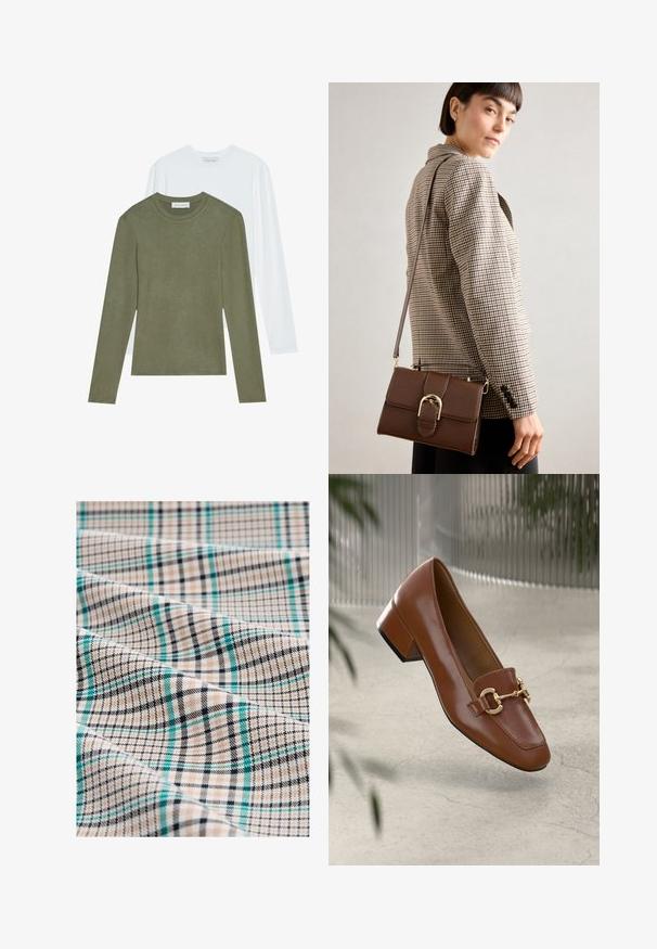 Divas garām piedurknēm: viena olīvzaļa, otra balta. Abām ir apaļi izgriezumi un maiga, gluda tekstūra.; Pleds ar bēšu, melnu un zila krāsā. Tam ir režģa raksts ar smalkām līnijām un fakturētu virsmu, parādot maisījumu no rūtiņām un svītrām.; Brūni lakoti ādas loaferi ar kvadrātu purngalu, metālisku ķēdes akcentu un zemu blokveida papēdi; gluda tekstūra, minimālisma dizains.; Brūna ādas plecu soma ar zelta aparatūras sprādzi, taisnstūra forma, gluda tekstūra un noņemams siksniņš.