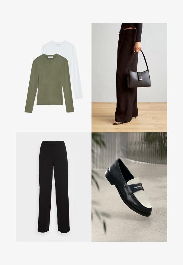 Deux chemises à manches longues : l'une verte olive, l'autre blanche. Les deux présentent des encolures rondes et une texture douce et lisse.; Pantalon noir avec une coupe droite, texture lisse et taille ajustée. Inclut des poches avant et un minimum de détails de couture.; Mocassin en cuir noir et blanc avec des coutures décoratives, flottant au-dessus d'un sol en béton avec des plantes floues en arrière-plan.; Sac à main noir à la forme structurée, texture lisse et fermoir métallique. Associé à un pantalon noir ample et des sandales ouvertes sur un sol en bois.