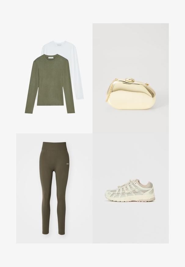 Dve majice z dolgimi rokavi: ena olivno zelena, druga bela. Obe imata okrogel izrez in mehko, gladko teksturo.; Olive zelene legice z visokim pasom, izdelane iz elastičnega materiala. Imajo diskretno logo na levi strani in gladko teksturo.; Svetlo bež športni čevelj z mrežastimi paneli in oblazinjeno podplatom. Ima zavezovanje z vezalkami, zaobljenost na prstih in zlate poudarke na strani.; Metalna zlata torbica z gladko, zaobljeno obliko, opremljena z zgornjim gumbom in majhnim verižnim ročajem za nošenje.