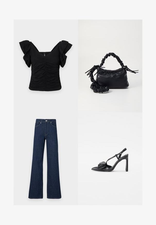 Crna majica kratkih rukava s ruffled rukavima, v-izrezom i nabrane teksture. Izrađena od mekog materijala, što poboljšava udobnost i prilagodbu.; Prostrane tamnoplave traperice s visokim strukom, s vidljivim šavovima i prednjim zatvaranjem na dugme.; Crne cipele na visokom potpetici sa špicastim prstima, sjajnom teksturom, tankim trakama i dekorativnim naboranim detaljem sprijeda.; Crna torba od umjetne kože s teksturom krokodila, s cinčanim vrhom i naboranom trakom. Izgleda mekano i kompaktno u dizajnu.