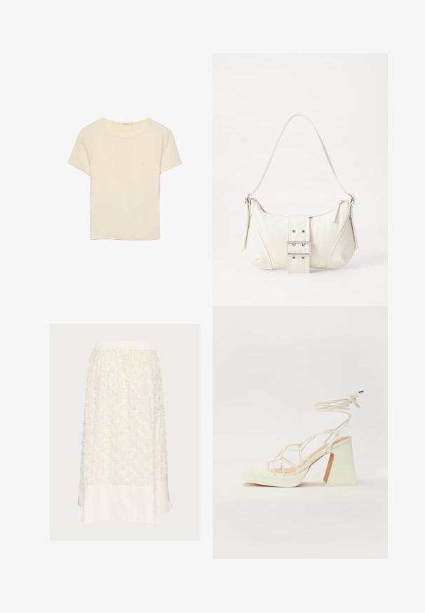 Krémové tričko s krátkym rukávom vyrobené z jemného materiálu. Má klasický okrúhly výstrih a voľný strih, bez výrazných vzorov alebo akcentov.; Biela sukňa s textúrovanou tkaninou, ktorá má na vrchu zvýšené kvetinové vzory a hladký bavlnený lem, dokončená bočnými rázpormi. Elastický pás.; Biele sandále na vysokom opätku s hrubým podpätkom, s pruhovaným dizajnom a viazaním na členku. Hladký povrch s platformou vpredu pre zvýšenú výšku.; Biela taška cez rameno s textúrovaným povrchom, centrálnou prackou a zakriveným tvarom. Zipsy na oboch stranách.