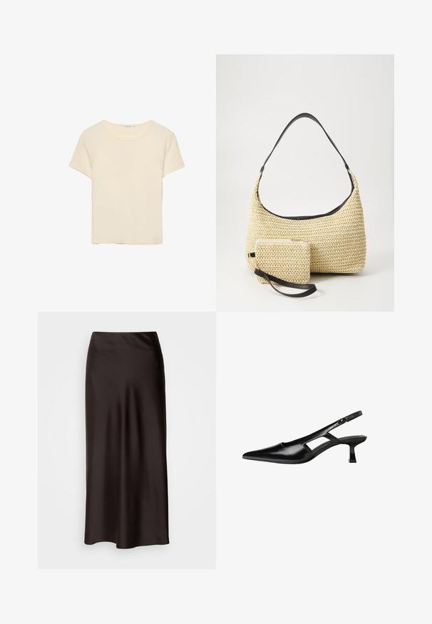 Krémové tričko s krátkym rukávom vyrobené z jemného materiálu. Má klasický okrúhly výstrih a voľný strih, bez výrazných vzorov alebo akcentov.; Lindex MARIA - sukňa v tvare A - dark brown; Čierne lakované kožené lodičky na podpätku s špicatou špičkou, výrezovým dizajnom na boku a malým štvorcovým podpätkom. Hladký povrch s minimálnymi akcentmi.; Tkaná slamenná kabelka s prehnutým siluetom, vybavená hladkým čiernym koženým popruhom a zodpovedajúcou malou taštičkou pripevnenou pomocou zápästného popruhu.
