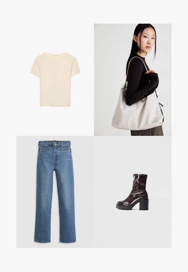 Krémové tričko s krátkym rukávom vyrobené z jemného materiálu. Má klasický okrúhly výstrih a voľný strih, bez výrazných vzorov alebo akcentov.; Svetlo modré, rovné džínsy vyrobené z denimu. Funkcie zahŕňajú zapínanie na gombíky, päť vreciek a jemné vyblednutie. Žiadne ozdoby ani vzory.; Lesklé burgundské kotníkové boty s robustním černým podpatkem, s hladkou strukturou a jednoduchým designem. Bez viditelných zapínání nebo vzorů.; Béžová kabelka vyrobená z mäkkého materiálu, s uvoľneným dizajnom, prišitými detailmi a dvoma popruhmi na nosenie na pleciach. Vhodná na každodenné nosenie.