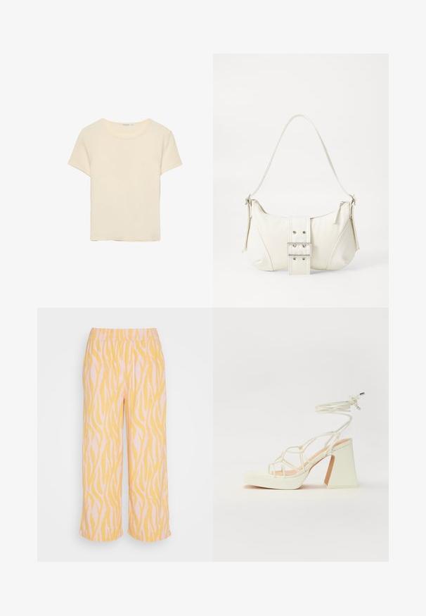 Krémové tričko s krátkym rukávom vyrobené z jemného materiálu. Má klasický okrúhly výstrih a voľný strih, bez výrazných vzorov alebo akcentov.; b.young BYFalakka - Nohavice - blazing orange; Biele sandále na vysokom opätku s hrubým podpätkom, s pruhovaným dizajnom a viazaním na členku. Hladký povrch s platformou vpredu pre zvýšenú výšku.; Biela taška cez rameno s textúrovaným povrchom, centrálnou prackou a zakriveným tvarom. Zipsy na oboch stranách.