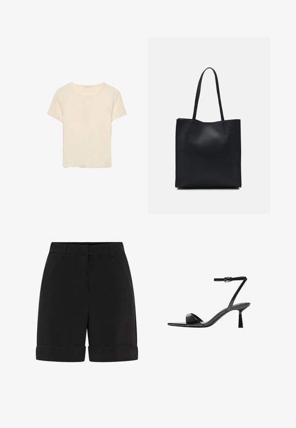 Kermanvärinen, lyhythihainen t-paita, joka on valmistettu pehmeästä kankaasta. Ominaisuuksiin kuuluu klassinen pyöreä kaula-aukko ja rento istuvuus, ilman huomattavia kuvioita tai yksityiskohtia.; Mustat räätälöidyt shortsit, jotka on valmistettu sileästä kankaasta. Niissä on tasainen etuosa, käännetyt lahkeet ja tavallinen vyötärö, jossa on vyölenkit.; Bershka Korolliset sandaalit - black; Mustapahkainen kangaskassi, jossa on sileä pinta, suorakaiteen muotoinen ja kaksi pitkää kahvaa. Ei näkyvää metalliosaa tai koristeita.