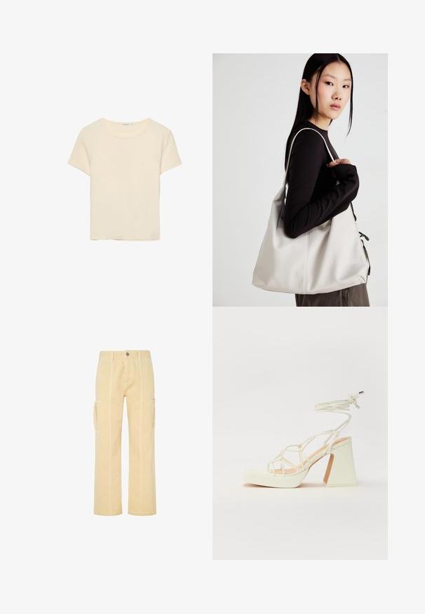 Krémové tričko s krátkým rukávem vyrobené z měkké tkaniny. Obsahuje klasický kulatý výstřih a volný střih, bez výrazných vzorů nebo akcentů.; Světle žluté cargo kalhoty s rovnou nohavicí, které mají boční kapsy a kontrastní stehy podél švů. Odolný bavlněný materiál.; Bílé sandály na vysokém podpatku s robustním podpatkem, s designem s pásky a zavazováním kolem kotníku. Hladký povrch s platformou vpředu pro zvýšení výšky.; Beige kabelka vyrobená z měkkého materiálu, s volným designem, prošívanými detaily a dvěma ramenními popruhy. Vhodná pro každodenní použití.