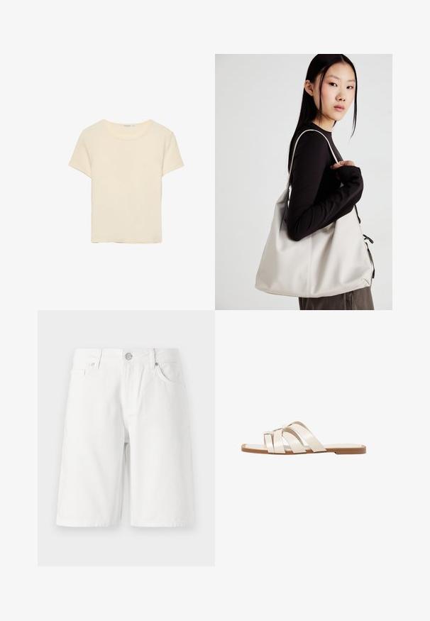 Krémové tričko s krátkym rukávom vyrobené z jemného materiálu. Má klasický okrúhly výstrih a voľný strih, bez výrazných vzorov alebo akcentov.; Biele rifľové šortky s dizajnom piatich vreciek, so zipsom na prednej strane, gombíkovým zapínaním a rovný strih. Hladká textúra, dĺžka po kolená.; Ploché sandále s hnedou gumovou podrážkou, navrhnuté s tromi prekrývajúcimi sa bielymi koženými popruhmi a malou mašličkou uprostred.; Béžová kabelka vyrobená z mäkkého materiálu, s uvoľneným dizajnom, prišitými detailmi a dvoma popruhmi na nosenie na pleciach. Vhodná na každodenné nosenie.
