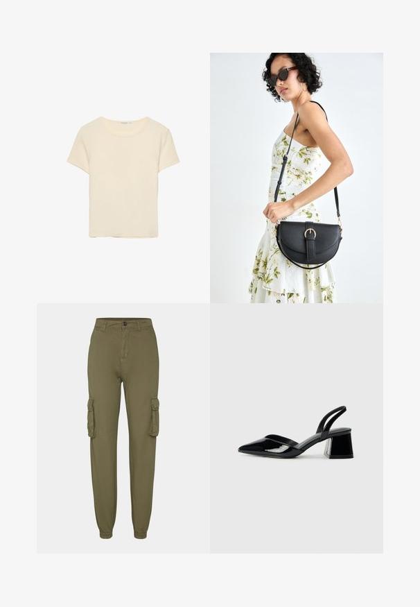 T-shirt couleur crème à manches courtes, fabriqué dans un tissu doux. Il présente un col rond classique et une coupe décontractée, sans motifs ni accents visibles.; Pantalons cargo vert olive en tissu doux, dotés de deux poches latérales, de poignets élastiques et d'une fermeture par bouton à l'avant.; Escarpins en cuir verni noir avec bout pointu et talon bloc géométrique. Présente un design élégant et minimaliste ainsi qu'une texture lisse.; Sac à main en cuir noir avec une forme courbée, bandoulière amovible et des accessoires en or. Le sac est doté d'un rabat avec un détail de boucle.