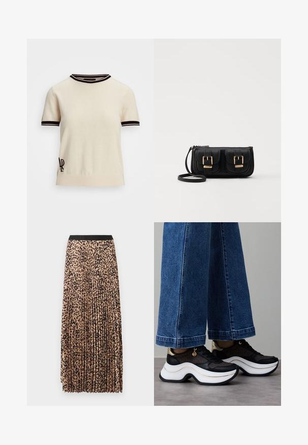 Pulover kratkih rukava od pletenine u krem boji s crnim rebrastim ovratom i manžetama. Sadrži izvezeni logo na donjoj lijevoj strani.; Dugulasta maksi suknja u bež boji s crnim uzorkom leoparda, s crnim elastičnim pojasom i laganom, teksturiranom tkaninom.; Crne i zlatne tenisice s zakrivljenim bijelim potplatom. Teksturirani materijal s logotipnim detaljima. Uparen s širokim plavim trapericama.; Crna kožna torba preko ramena s dva prednja džepa, zlatnim kopčama, zatvaranjem na zip i uskim remenom. Teksturirana površina i kompaktan pravokutan oblik.