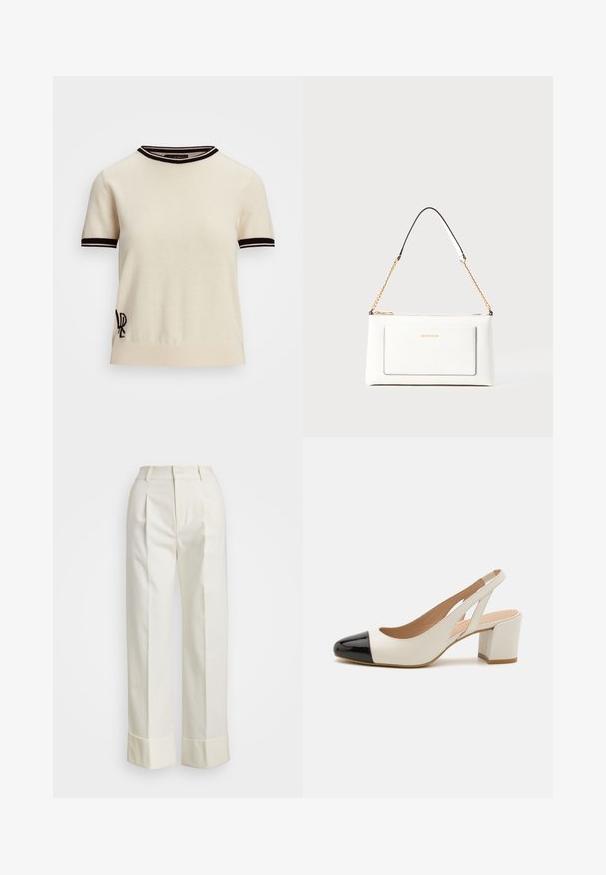Short-sleeve knit sweater in cream with black ribbed collar and cuff accents. Features embroidered logo on the lower left side.; White tailored pants featuring a high waist, double front pleats, and wide legs with folded cuffs. Made from a smooth, textured fabric.; White leather slingback shoe with a black patent leather pointed toe. Features a block heel and cut-out design on the sides.; White leather handbag with a textured finish, featuring a gold chain strap and black accents. Includes a front pocket and zipper closure.
