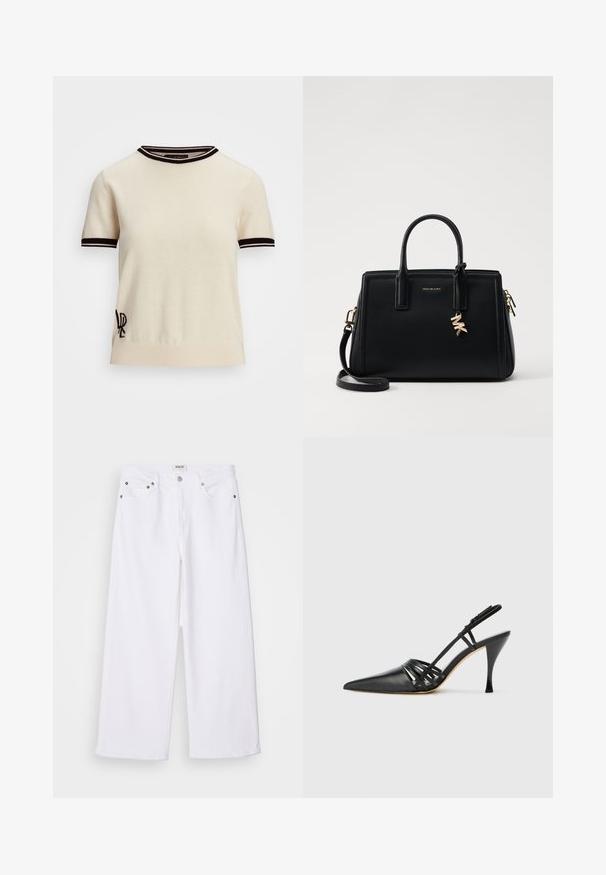Kortærmet striktrøje i creme med sorte ribbede krave- og manchet-accenter. Har broderet logo på nedre venstre side.; Hvide brede jeans lavet af denim, med fem-lommer design, metal hardware og høj talje, samt en ren finish ved kanten.; Sort læder højhælede slingback-sko med spids tå, crisscross-remdesign og slank stiletto-hæl. Glat tekstur og minimale accenter.; Sort læder håndtaske med struktureret design, dobbelt top håndtag, aftageligt skulderrem, guld hardware og en logo charme accent.