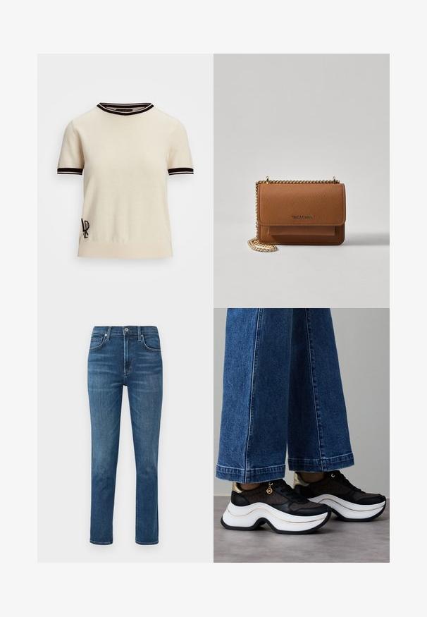 Suéter de malha de manga curta em creme com detalhes em preto nas golas e punhos. Apresenta um logo bordado no lado inferior esquerdo.; Jeans de ganga azul-escura com corte reto, design de cinco bolsos e um botão de metal na cintura. Desvanecimentos subtis e detalhes de costura.; Ténis pretos e dourados com sola branca curva. Tecido texturizado com detalhes do logótipo. Combinados com calças largas de ganga azul.; Bolsa crossbody de couro texturizado castanho com alça de corrente dourada e fecho com aba. A parte da frente apresenta detalhe do logótipo e um bolso sob a aba.