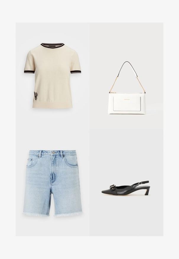 Lyhythihainen neulepaita vaalean kermanvärisenä, mustilla ribbireunuksilla kaula-aukossa ja hihoissa. Varustettu brodeeratulla logolla vasemmassa alareunassa.; Vaaleansiniset farkkushortsit, joissa on repaleinen helma, klassinen viiden taskun malli ja etupainike. Kankaan pinta näyttää pehmeältä ja siinä on kevyt tekstuuri.; Musta nahkainen slingback-kengät terävällä kärjellä, pienellä korolla ja koristeellisella solkikuvioinnilla yläosassa. Sujuva pinta, minimalistinen muotoilu.; Valkoinen nahkalaukku tekstuuripinnalla, jossa on kultaketjuolkaimet ja mustia yksityiskohtia. Mukana etutasku ja vetoketjusulku.