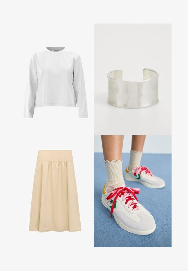 Bílý dlouhý rukáv top s kulatým výstřihem, vyrobený z měkké tkaniny, s minimálními švy a volným střihem.; Krémová midi sukně vyrobená z lehkého materiálu, s elastickým pasem, řaseným designem a lemem s jemným třásňovým detailem.; Bílé a šedé tenisky s červenými a růžovými tkaničkami, zelenými hvězdnými akcenty a žlutým podpatkem. Nosit s proužkovanými béžovými ponožkami. Modré pozadí.; Zign Náramek - silver-coloured