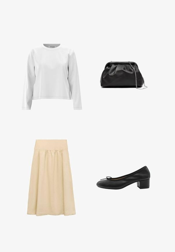 Haut à manches longues blanc avec un col rond, fabriqué dans un tissu doux, présentant des détails de couture minimalistes et une coupe décontractée.; Jupe midi beige en tissu léger, dotée d'une taille élastique, d'un design froncé et d'un ourlet avec un détail de frange subtil.; Pompe en cuir noir avec un bout arrondi, un petit noeud à l'avant et un talon bloc carré. Texture lisse avec des accents de design minimaux.; Sac à main en cuir noir avec un design plissé, texture douce, dessus arrondi et une bandoulière en chaîne métallique. Silhouette compacte et structurée.; Zign Bracelet - silver-coloured