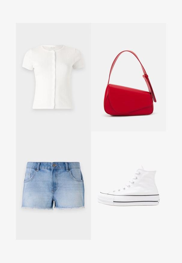 Balta trumpa rankovėmis ripsinė megztinė su apvaliu iškirpimu ir banguota mygtukų apykakle, pasižyminti subtiliais tekstūriniais akcentais visame modelyje.; Šviesiai mėlyni džinsiniai šortai su suplėšytu kraštu, penkiais kišenėmis ir užsegimu priekyje. Yra spalvos išblukimas ir tiesi forma.; Balti aukštakulniai drobės sportbačiai su juodu guminio pado, priekinio guminio piršto dangteliu ir šešiais akytėmis raištams, pasižymintys švariu, minimalistiniu dizainu.; Raudona odinė rankinė su kampuota, geometrine forma. Pasižymi viena reguliuojama dirželiu ir dangteliu su siuvinėtais dekoracijomis.