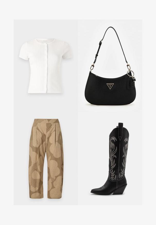 Valge lühikeste varrukatega ribakudumiga kardigan, millel on ümmargune kaelus ja sakilise nööbiga esiväli, millel on kogu ulatuses peened tekstuurilised detailid.; Beežid püksid suure lillelise mustriga heledamates toonides. Omavad kõrget vöökohal, voldikesi ja laia lõiget. Valmistatud kergest kangast.; Mustad mustad nahast cowboy saapad terava ninaga, vööndkanna ja hõbedaste tikanditega lillemustritega varred. Kontrastõmblused üle kogu.; Must zwart sünteetilisest materjalist õlakotil on kaarjas siluett, struktureeritud viimistlus, kultne kolmnurga logo ja eemaldatavad metallaktsendid.