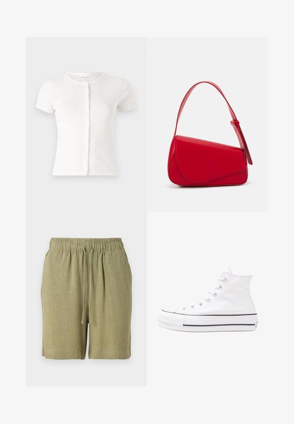 Witte short-sleeve rib gebreide cardigan met een ronde halslijn en een schulpknopsluiting, gekenmerkt door subtiele textuurdetails overal.; Olijfgroene shorts van een gestructureerde, ademende stof. Voorzien van een elastische tailleband en koord voor een verstelbare pasvorm.; Witte high-top canvas sneakers met een zwarte rubberen zool, een rubberen neuskap aan de voorkant en zes gaatjes voor veters, met een schone, minimalistische uitstraling.; Rode leren handtas met een hoekig, geometrisch ontwerp. Beschikt over een enkele verstelbare schouderriem en een klepclosure met gestikte details.