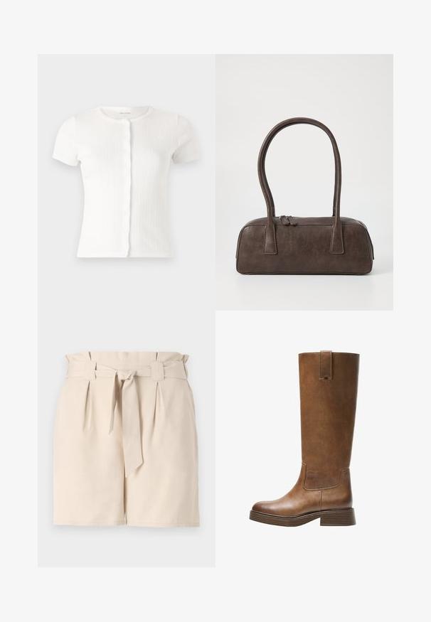 Cardigan scurt cu mâneci scurte, din jerseu ribbed alb, cu guler rotund și o bandă de butoni cu margini ondulate, având detalii texturate subtile pe întreaga suprafață.; Shorts bej, croi personalizat, realizati dintr-un material usor, avand un talie cu curea, detalii plisate si o croiala dreapta.; Botă din piele maro, până la genunchi, cu vârf rotunjit, suprafață texturată și toc mic, îngroșat. Dispune de un panou lateral și un capac de prindere în partea de sus.; Geantă de mână din piele maro, cu două mânere rezistente, formă rectangulară, textură netedă și închidere cu fermoar. Design minimalist, fără modele vizibile.