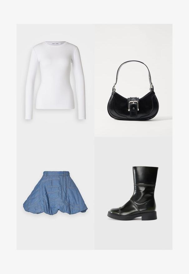 Fehér, hosszú ujjú, bordázott anyagból készült ing, kerek nyakkivágással és testhez simuló fazonnal. Nincsenek rajta minták vagy díszítések.; Ksenia Schnaider QUILTED MINI SKIRT - Miniszoknya - light blue; Fekete bőr bokacsizma lekerekített orral, sima felülettel, kontrasztos varratokkal és tömbsarkúval, enyhén szűkülő sziluettel.; Fekete bőr kézi táska ívelt formával, középen csattal díszítve és rövid, sima fogantyúval. A texturált részletek fokozzák megjelenését.