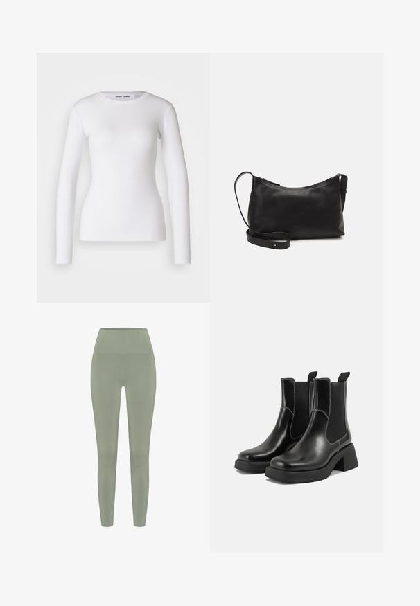 Bílá košile s dlouhým rukávem vyrobená z žebrované látky, s kulatým výstřihem a těsným střihem. Neobsahuje žádné vzory ani akcenty.; Legíny s vysokým pasem v světle zelené barvě. Hladká textura s přiléhavým designem, která se zužuje u kotníku. Žádné viditelné vzory nebo kovové prvky.; Černé kožené chelsea boty s masivním podpatkem, elastickými bočními panely a kontrastním bílým prošitím. Texturovaný povrch.; Černá kožená taška přes rameno s hladkým povrchem, zakřiveným tvarem, nastavitelným popruhem a zipovým uzávěrem. Minimalistický design bez zdobení.