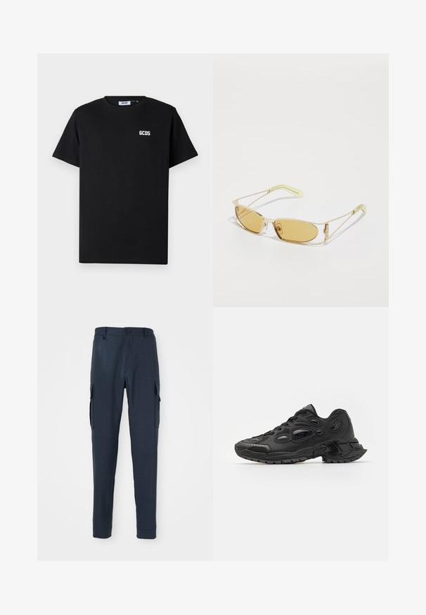Black cotton t-shirt featuring a round neckline and short sleeves. A white "GCDS" logo is positioned on the left chest area.; Navy cargo pants with a textured fabric, slim fit, button closure at the waist, and side pockets for added functionality.; Black athletic shoes with textured synthetic upper, rounded toe, and distinctive oval cutouts. Features a rugged rubber sole for traction.; Yellow-tinted sunglasses with a translucent gold frame, slim rectangular shape, and angular arms with light green accents.