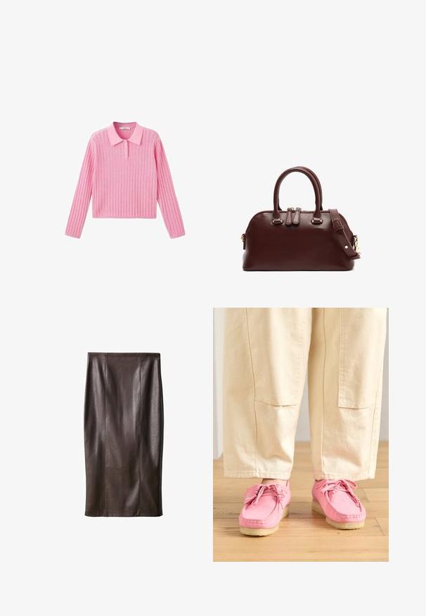Vaaleanpunainen ribbineulepaita, jossa on pitkät hihat ja kauluksellinen pääntie. Kauluksessa on kolme nappia ja paita on lyhyt.; Ruskea nahkainen kynähame, jossa on sileä pinta, polvenpituinen, ja jossa on pystysaumat suunnittelua varten. Ei lisävarusteita tai koristeita.; Vaaleanpunaiset mokka-tyyliset kengät, joissa on nauhat, joissa on teksturoitu pinta ja vaalea beige kumipohja, yhdistettyinä beigeihin housuihin.; Burgundin väri nahkainen käsilaukku, jossa on kaksinkertaiset yläsangot, irrotettava olkahihna, kultaiset yksityiskohdat ja pyöreä muoto. Vetoketjukiinnitys.