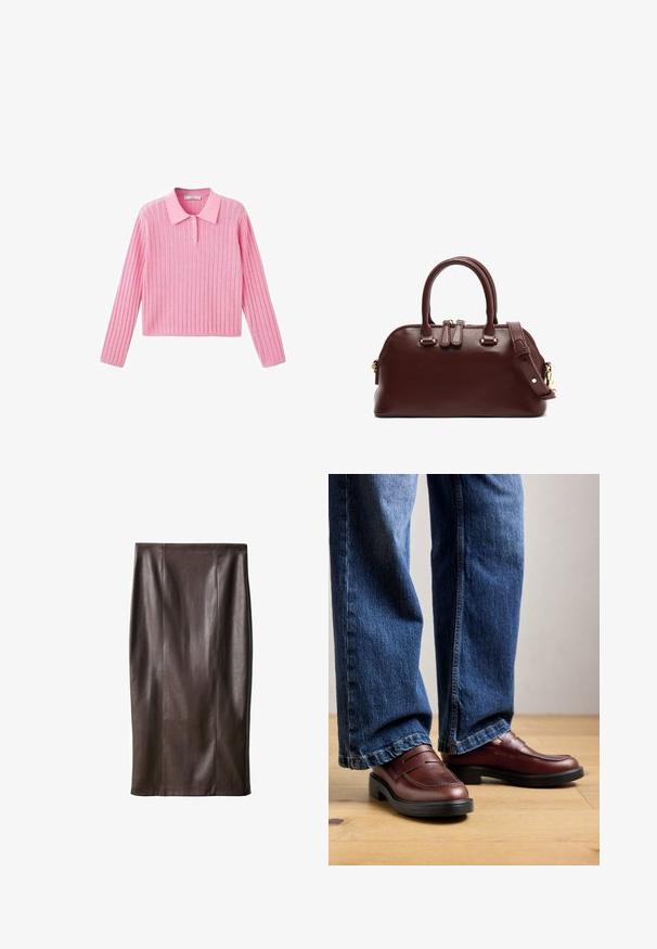 Rosa ribbad tröja med långa ärmar och krage, med tre knappar vid kragen och en kortad fåll.; Brun läderpenkjol med en slät textur, knälång, med vertikala sömmar för design. Ingen ytterligare hårdvara eller detaljer.; Person i bruna läderskor och blå jeans som står på ett trägolv mot en neutral bakgrund.; Burgundy läderhandväska med dubbla topphandtag, avtagbar axelrem, detaljer i guld och en rundad form. Dragkedjestängning.