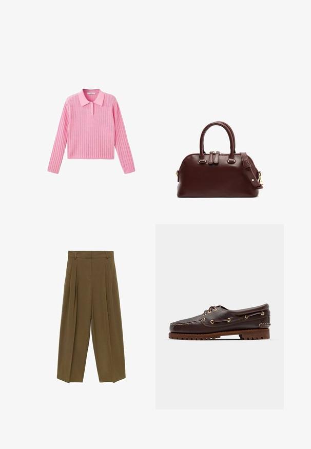 Ružový rebrovaný sveter s dlhými rukávmi a golierom, ktorý má tri gombíky na golieri a skrátený strih.; Hnedé plisované nohavice s vysokým pásom, širokými nohami a mäkkou textúrou látky, navrhnuté so štyrmi pútkami na opasok a jednoduchým predným dizajnom.; Hnedé kožené loďkové topánky so zlatými očkami, okrúhlymi šnúrkami a štruktúrovanou hnedou gumovou podrážkou. Obsahuje prešívané detaily a vyvýšené logo.; Bordová kožená kabelka s dvoma hornými uchami, odnímateľným ramenným popruhom, zlatými kovovými detailmi a okrúhlym tvarom. Zipsové uzatváranie.