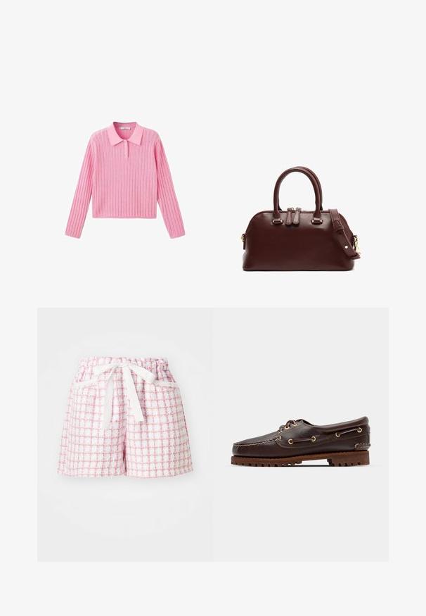 Pink ribbed sweater with long sleeves and a collared neckline, featuring three buttons at the collar and a cropped hem.; White and pink checkered shorts with a textured fabric, featuring an elastic waistband and a tied bow at the front. Two side pockets.; Brown leather boat shoe with gold eyelets, round laces, and a textured brown rubber sole. Features stitched detailing and a raised logo.; Burgundy leather handbag with dual top handles, removable shoulder strap, gold hardware accents, and a rounded shape. Zipper closure.
