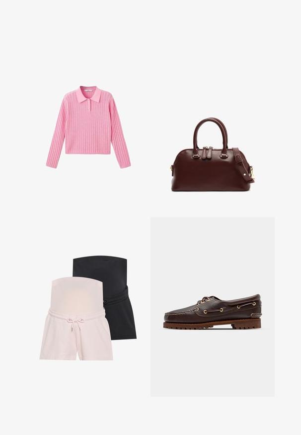 Rosa ribbad tröja med långa ärmar och krage, med tre knappar vid kragen och en kortad fåll.; Två par graviditetsshorts: en rosa och en svart. Båda har resårmidja och dragsko för justerbar passform.; Bruna lädersko med båtstil, guldögon, runda skosnören och en texturerad brun gummisula. Har sydda detaljer och en upphöjd logotyp.; Burgundy läderhandväska med dubbla topphandtag, avtagbar axelrem, detaljer i guld och en rundad form. Dragkedjestängning.