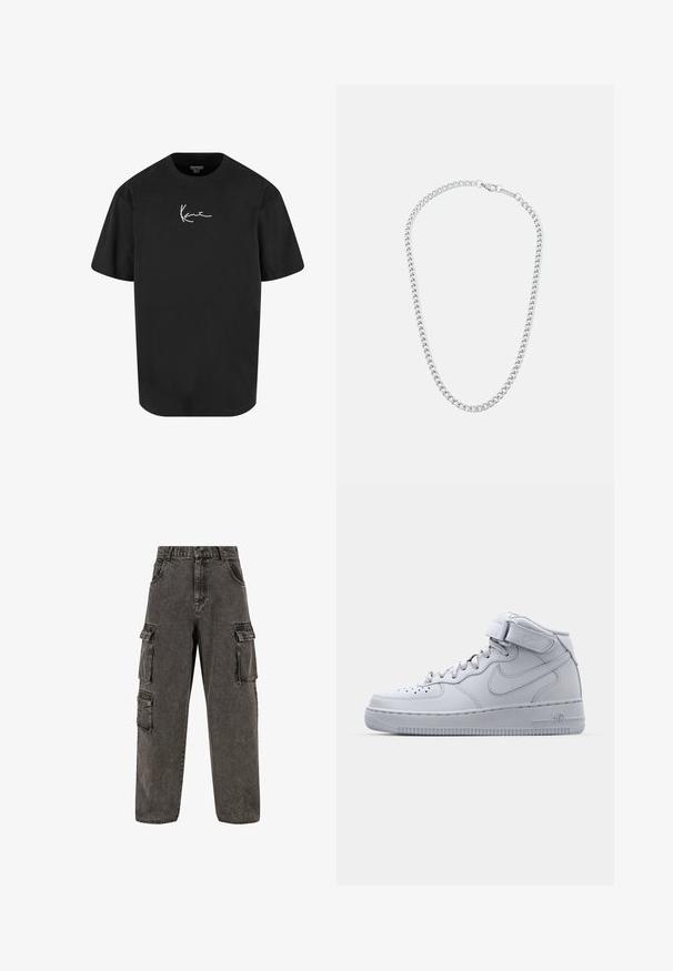 Mustmust värvi T-särk lühikeste varrukatega, ümar kaelus ning esiküljel valge allkirja logo. Sile tekstuur ja mugav lõige.; Karl Kani OG BAGGY - Avar lõikega teksad - grey; Halluxi hallid hallid Nike Air Force 1 tossud, nahast pealisega, pehmendatud krae ja Velcro rihm. Ikooniline disain sisaldab perforatsiooniga varbakohta.; Hõbedane metallist kettkaelakee, millel on omavahel seotud lingid ja kindel tõmblukk, sile tekstuur, ühtlane viimistlus ja klassikaline disain.