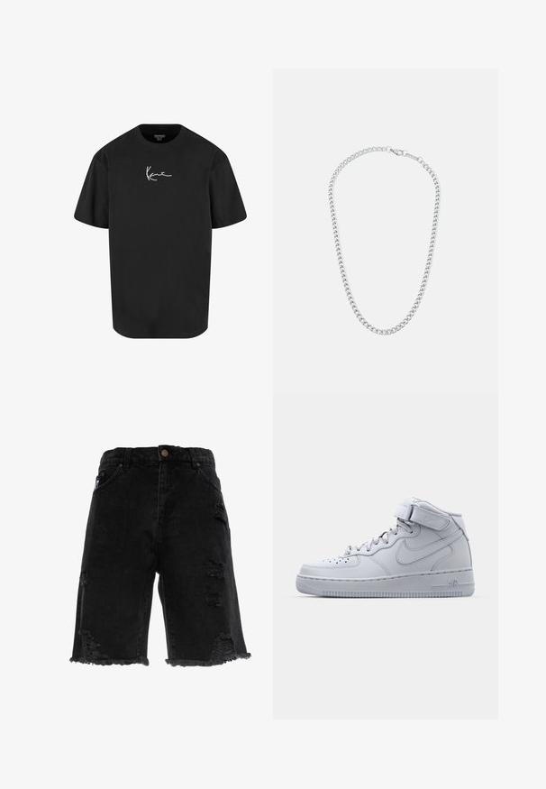 T-shirt nera in cotone con maniche corte, scollo rotondo e logo bianco stampato sul davanti. Tessuto liscio e vestibilità rilassata.; Shorts in denim nero con orlo sfrangiato, dotati di strappi scoloriti e taglio dritto. Comprendono tasche anteriori tradizionali e un bottone in metallo.; Sneaker alte grigie Nike Air Force 1 con tomaia in pelle, colletto imbottito e cinturino in Velcro. Il design iconico presenta una punta perforata.; Collana in metallo argentato con maglie intrecciate e chiusura sicura, texture liscia, finitura uniforme e design classico.