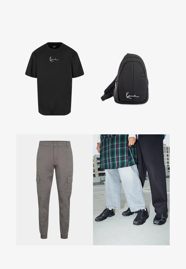 Fekete pamut póló rövid ujjal, kerek nyakkivágással, elöl fehér aláírás logóval. Sima tapintású és laza szabású.; Szürke pamut cargo nadrág, rugalmas mandzsettával, oldalsó zsebekkel, elöl gombos záródással és varrott mintázattal.; Fekete sportcipők, hálós és gumis részletekkel. Világosszürke, bővített szabású farmernadrággal és kockás zöld toppal viselve. Simafelszínű háttér.; Fekete szövet válltáska sima textúrával, ívelt kialakítással, cipzáras rekesszel, és egy fehér logóval az elején.
