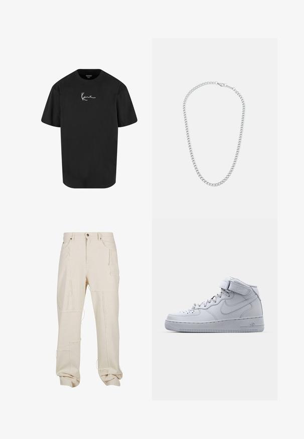 Zwarte katoenen t-shirt met korte mouwen, ronde hals en een witte handtekeninglogo gedrukt op de voorkant. Soepele textuur en een ontspannen pasvorm.; Beige katoenen cargobroek met meerdere zakken, rauwe stiksels, een losse pasvorm en opgerolde boorden. Getextureerde stof met zichtbare naden.; Grijze Nike Air Force 1 sneakers met hoge bovenkant, leren bovenwerk, gewatteerde kraag en een klittenbandsluiting. Iconisch ontwerp met geperforeerde toe box.; Zilveren metalen ketting met in elkaar grijpende schakels en een veilige sluiting, gladde textuur, gelijkmatige afwerking en een klassiek ontwerp.