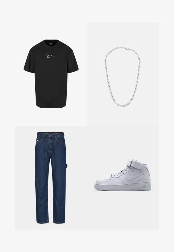 Černé bavlněné tričko s krátkým rukávem, kulatým výstřihem a bílým podpisovým logem potištěným na přední straně. Hladká textura a volný střih.; Tmavě modré džíny s rovným střihem, pěti kapsami a viditelnou značkovou nášivkou na přední levé straně.; Vysoké šedé tenisky Nike Air Force 1 s koženým svrškem, polstrovaným límcem a pásem na suchý zip. Ikonický design obsahuje perforovanou špičku.; Stříbrný kovový řetízek na krk s proplétajícími se články a bezpečným zapínáním, hladký povrch, rovnoměrné zpracování a klasický design.