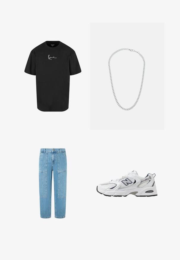 Mustmust värvi T-särk lühikeste varrukatega, ümar kaelus ning esiküljel valge allkirja logo. Sile tekstuur ja mugav lõige.; Heledad teksased heledas sinine värv, otse lõikega, kahe suurte klapptasku ja peente kulumise detailidega kangal.; Valge sportlik king, millel on võrgust ülasäär, tumesinised aktsendid ja pehme tallan. Omab "N" logo, paelu ja tekstuurset detaili külje peal.; Hõbedane metallist kettkaelakee, millel on omavahel seotud lingid ja kindel tõmblukk, sile tekstuur, ühtlane viimistlus ja klassikaline disain.