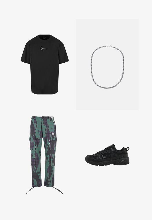 Crna pamučna majica s kratkim rukavima, okruglim izrezom i bijelim potpisom logotipa otisnutim na prednjoj strani. Glatka tekstura i opušteni kroj.; Cargo hlače u dijamantnom uzorku zelene, ljubičaste i crne boje. Imaju šest džepova, podesive manžete i kopčanje na dugme u struku.; Crna atletska cipela s gornjim dijelom od mrežastog i sintetičkog materijala, teksturiranim detaljima, okruglim vrhom i uloškom s amortizacijom te petnom trakom.; Srebrna metalna ogrlica od lančića s debelim, međusobno povezanim karikama, poliranim teksturom i malom kopčom s detaljem brendiranja.
