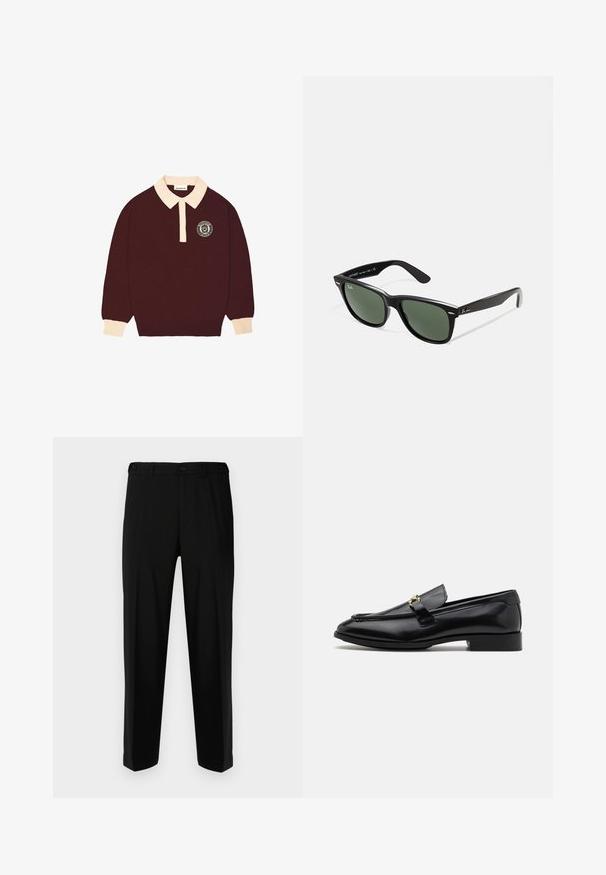 Vinröd långärmad polo med krämfärgad krage och ärmslut, knäppt knäppning och cirkulär "Förbjuden Berlin"-logotyp på vänster bröst.; Svarta byxor i slätt tyg, med rak skärning, två framfickor och dragkedja med knappstängning.; Svarta läderloafers med rund tå, stickade detaljer, en liten klack och en guldpläterad detalj på remmen. Slät textur genomgående.; Svarta plastsolglasögon med gröna linser, fyrkantiga bågar, silverdetalj på ögonbrynet och texturerade skalmar. Angiven märkning på den inre skalmen.