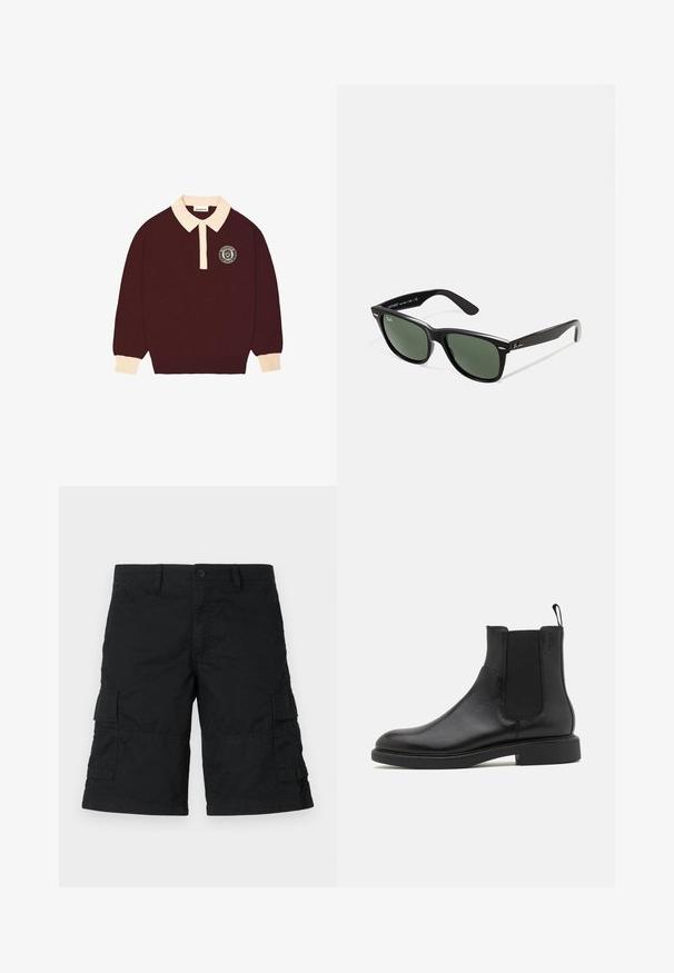 Vinröd långärmad polo med krämfärgad krage och ärmslut, knäppt knäppning och cirkulär "Förbjuden Berlin"-logotyp på vänster bröst.; Svarta cargo-shorts i lätt tyg; har två sidofickor och två fickor med klaff; rak skärning med lös passform.; Svart läderankleboot med slät yta, elastiska sidopaneler och dragtab. Rund tå och platt gummisul med minimal profil.; Svarta plastsolglasögon med gröna linser, fyrkantiga bågar, silverdetalj på ögonbrynet och texturerade skalmar. Angiven märkning på den inre skalmen.