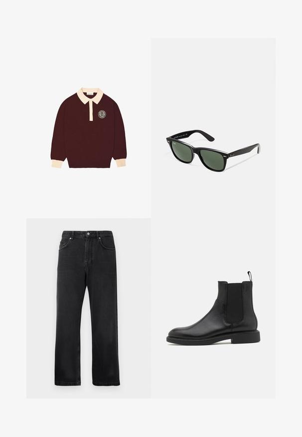 Bordo polo s majicami z dolgimi rokavi s kremno barvo na ovratniku in manšetah, z gumbnim zapenjanjem in krožnim logotipom "Prohibited Berlin" na levi prsi.; Črne ravne hlače z žepi spredaj, zankami za pas in gumbom na belem ozadju.; Črne usnjene gležnjarje z gladko teksturo, elastičnimi stranskimi paneli in zanko za obuvanje. Okrogel prst in raven gumijast podplat z minimalnim profilom.; Črne plastične sončna očala z zelenimi lečami, kvadratni okvirji, srebrni detajl na obrvi in teksturirani ročaji. Blagovna znamka navedena na notranji strani ročaja.